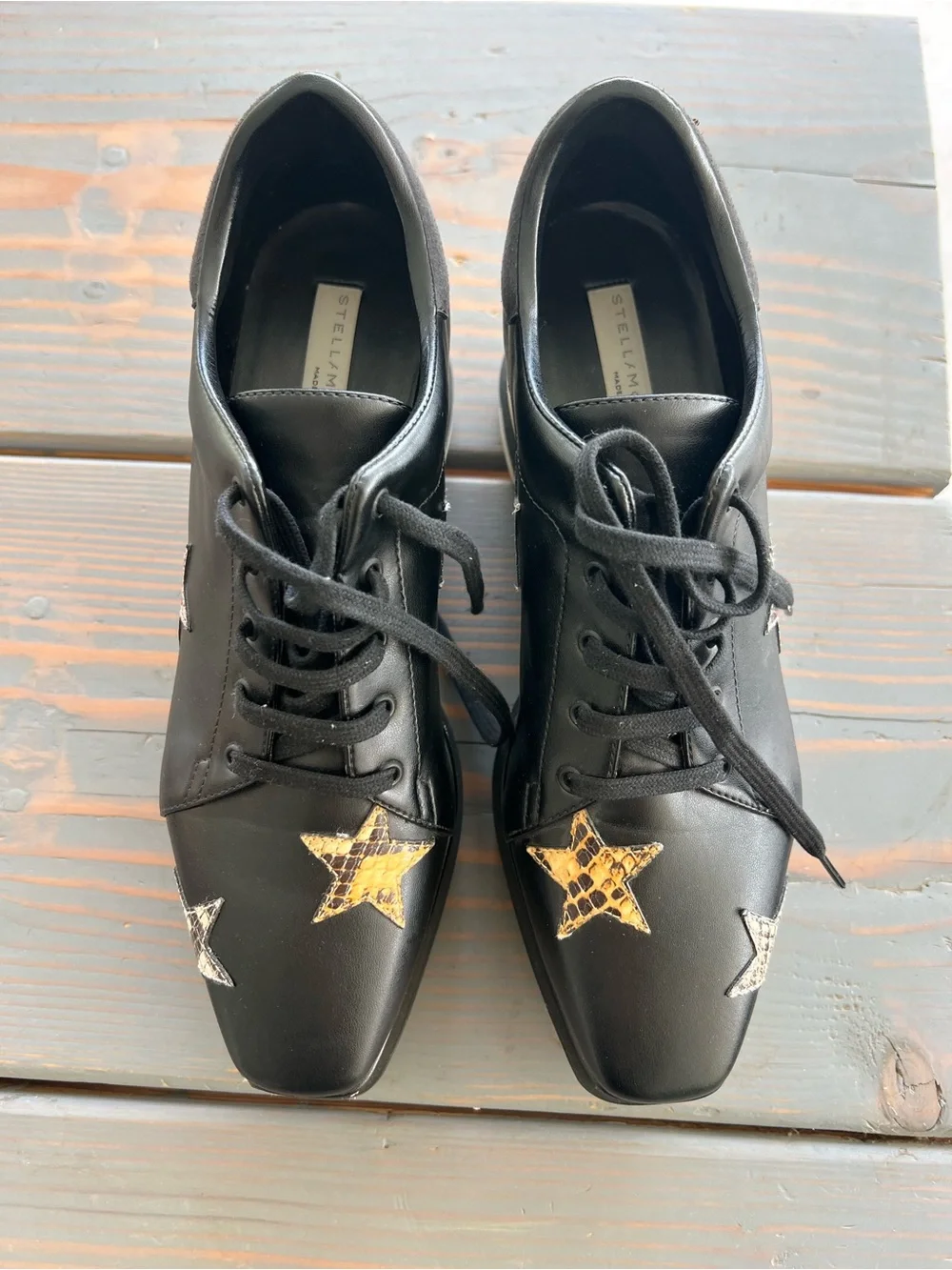 Stella McCartney Black Platform Lace-Up Sneakers with Star Appliqués